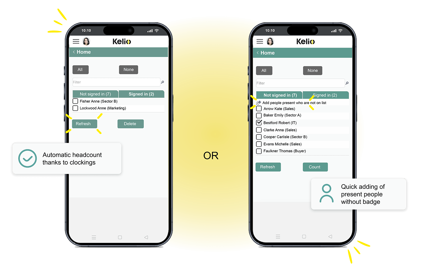 Kelio interface for comparing automatic attendance recording via badge scanning with the manual addition of people who do not have a badge