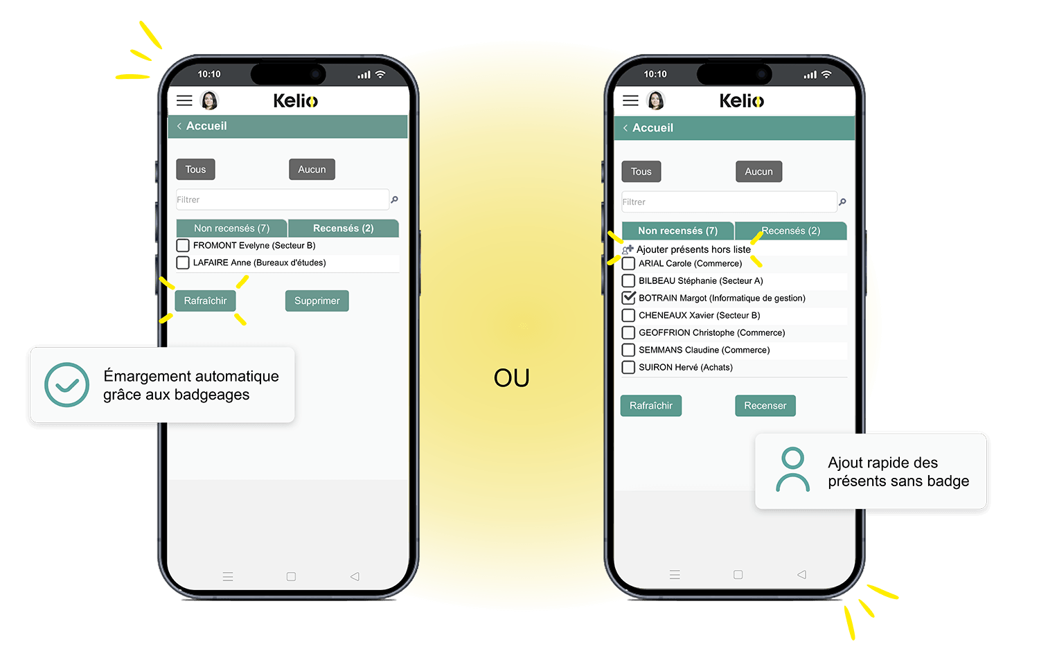 Kelio interface comparing automatic presence recording via badge scan and the manual addition of people without badges