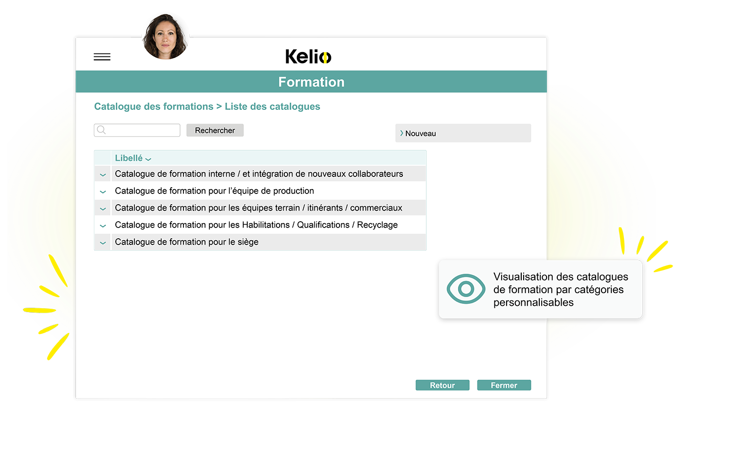 Interface Kelio affichant la liste des catalogues de formation classés par catégories personnalisables
