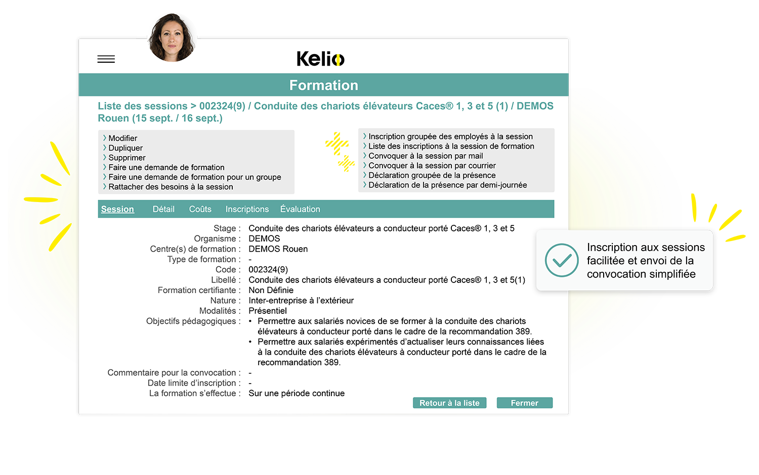 Ecran formation du logiciel Kelio facilitant l'inscription des salariés et l'envoi des convocations