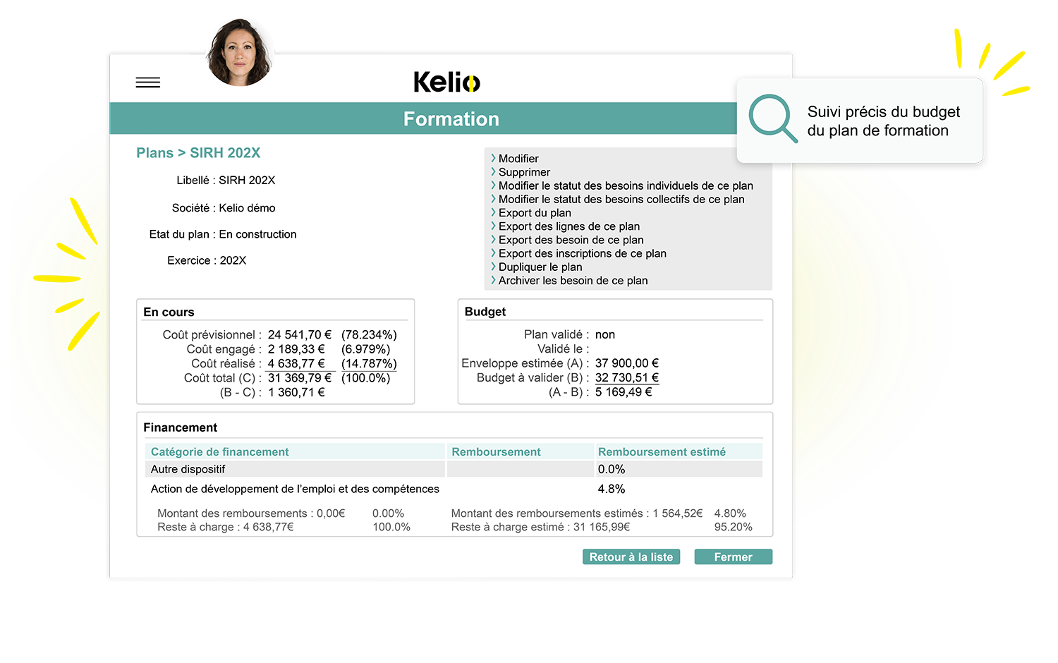 Tableau de bord budgétaire Kelio pour le pilotage précis du plan de formation et des financements