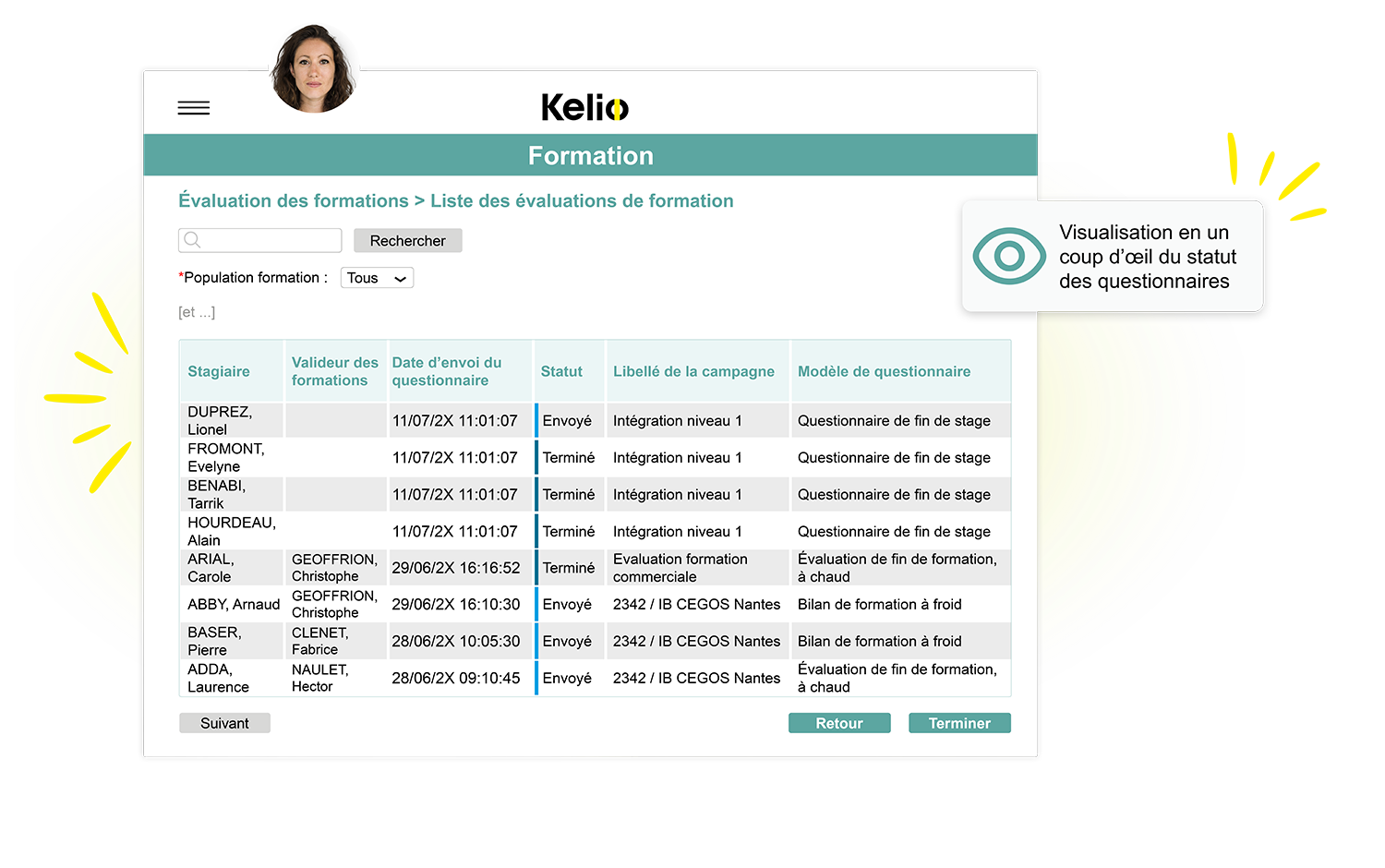 Interface de suivi des évaluations post-formation Kelio montrant le statut des questionnaires envoyés