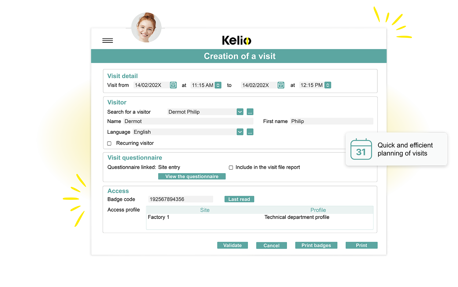 Consult the Kelio appointment planning interface on a laptop, with Outlook synchronisation and QR Code options