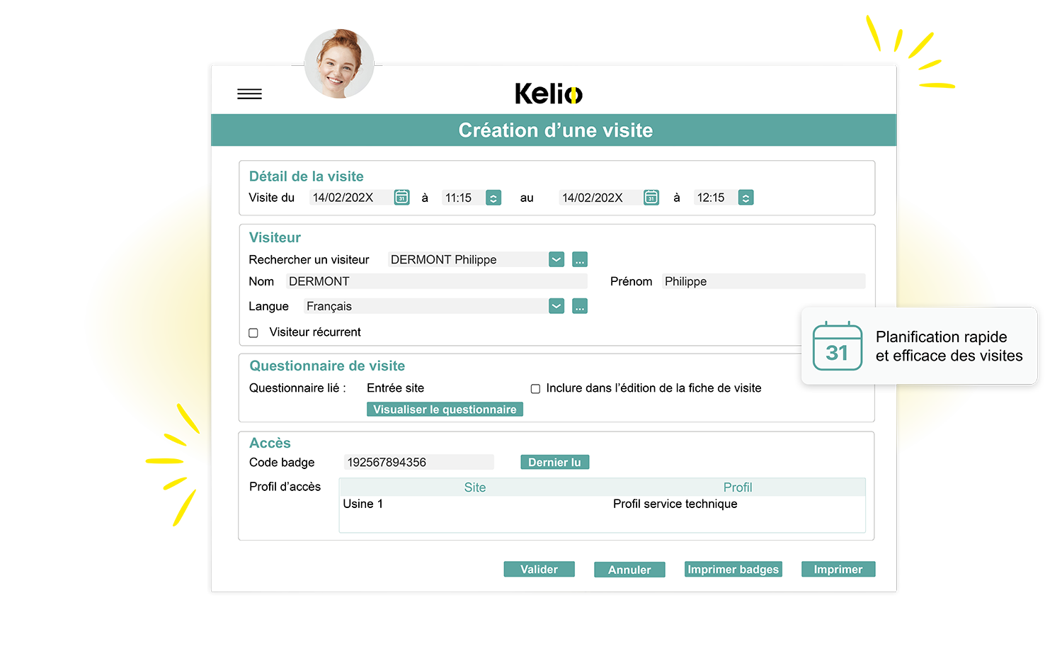 Interface Kelio de gestion des rendez-vous avec synchronisation Outlook et options de QR code
