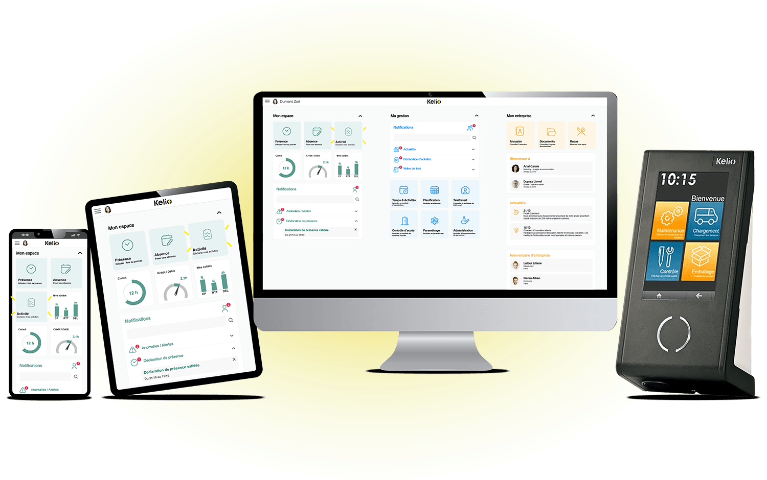Présentation multi-supports des outils de saisie des temps Kelio incluant smartphone, tablette, PC et terminal de badgeage