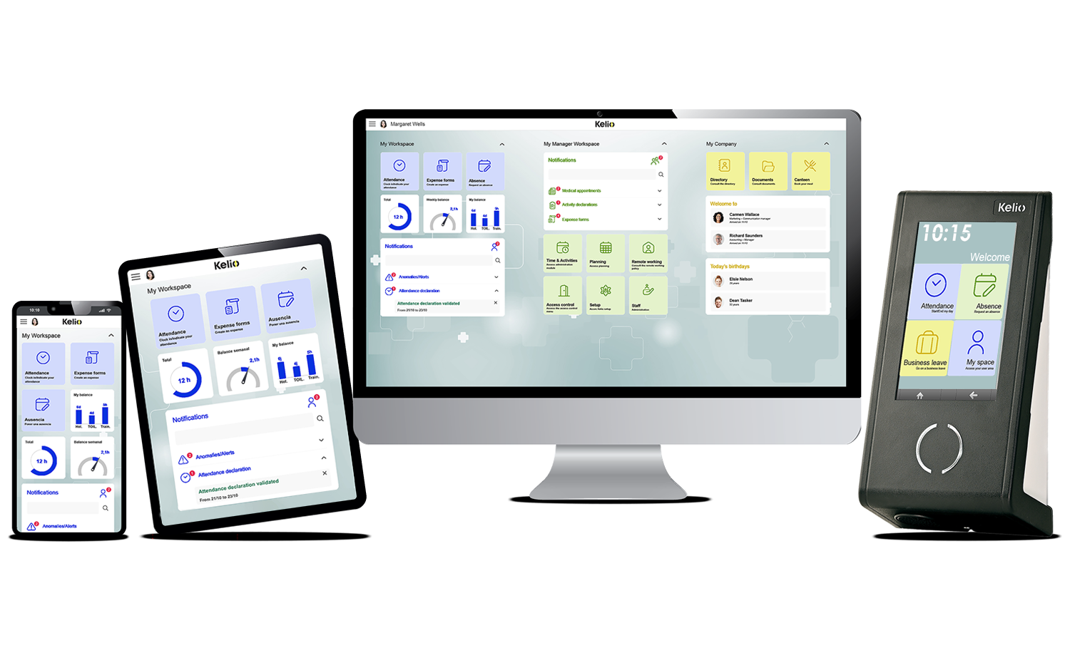 The Kelio ecosystem is accessible on desktop/laptop, tablet, mobile and touch clocking terminals.