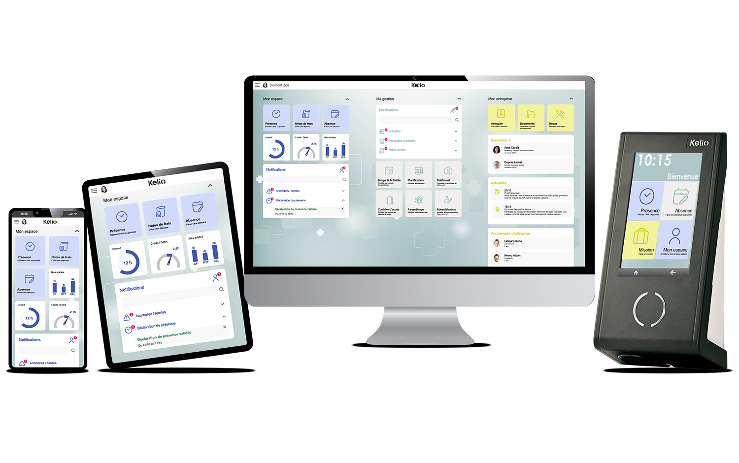 Écosystème Kelio accessible sur ordinateur, tablette, mobile et terminal de badgeage tactile