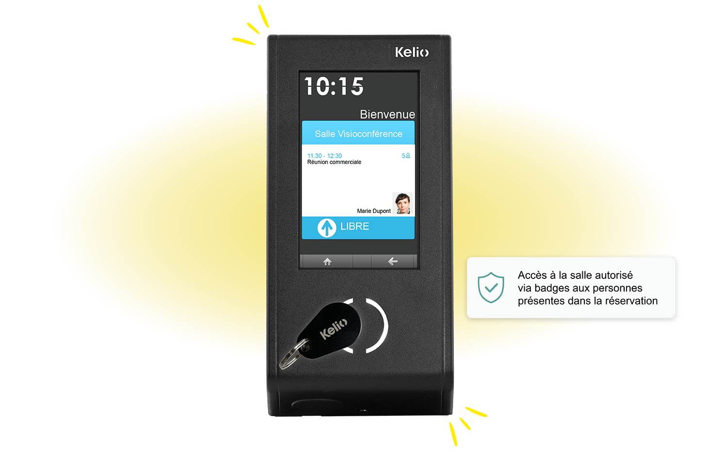 Terminal Kelio Visio avec badge de contrôle d'accès sécurisé pour l'entrée en salle de réunion