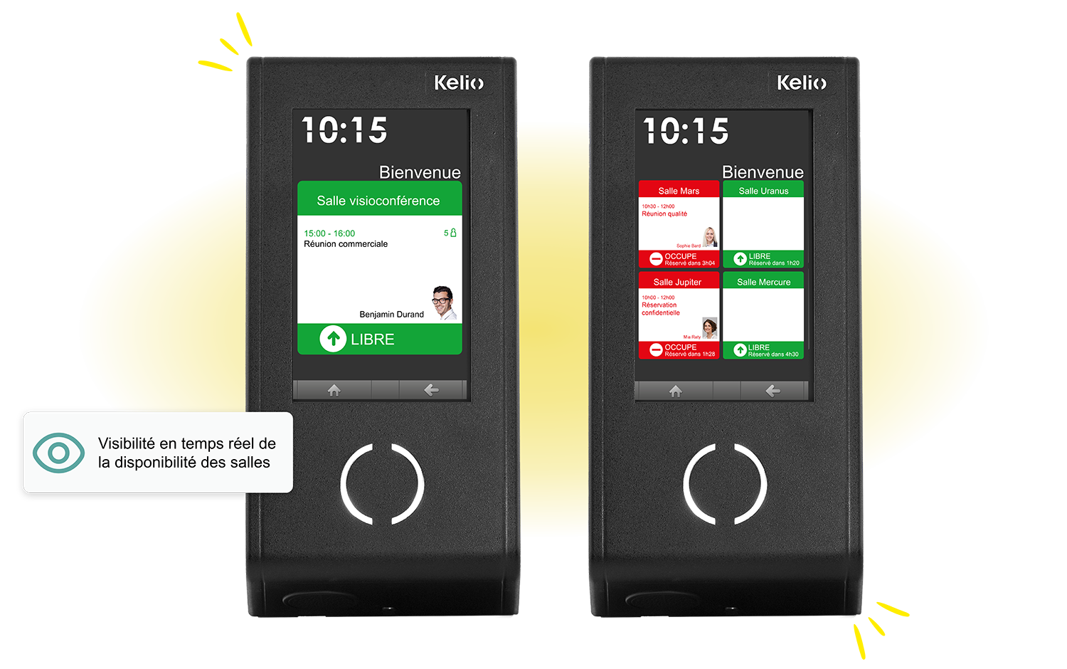 Écrans des badgeuses tactiles Kelio Visio affichant la disponibilité des salles de réunion en temps réel