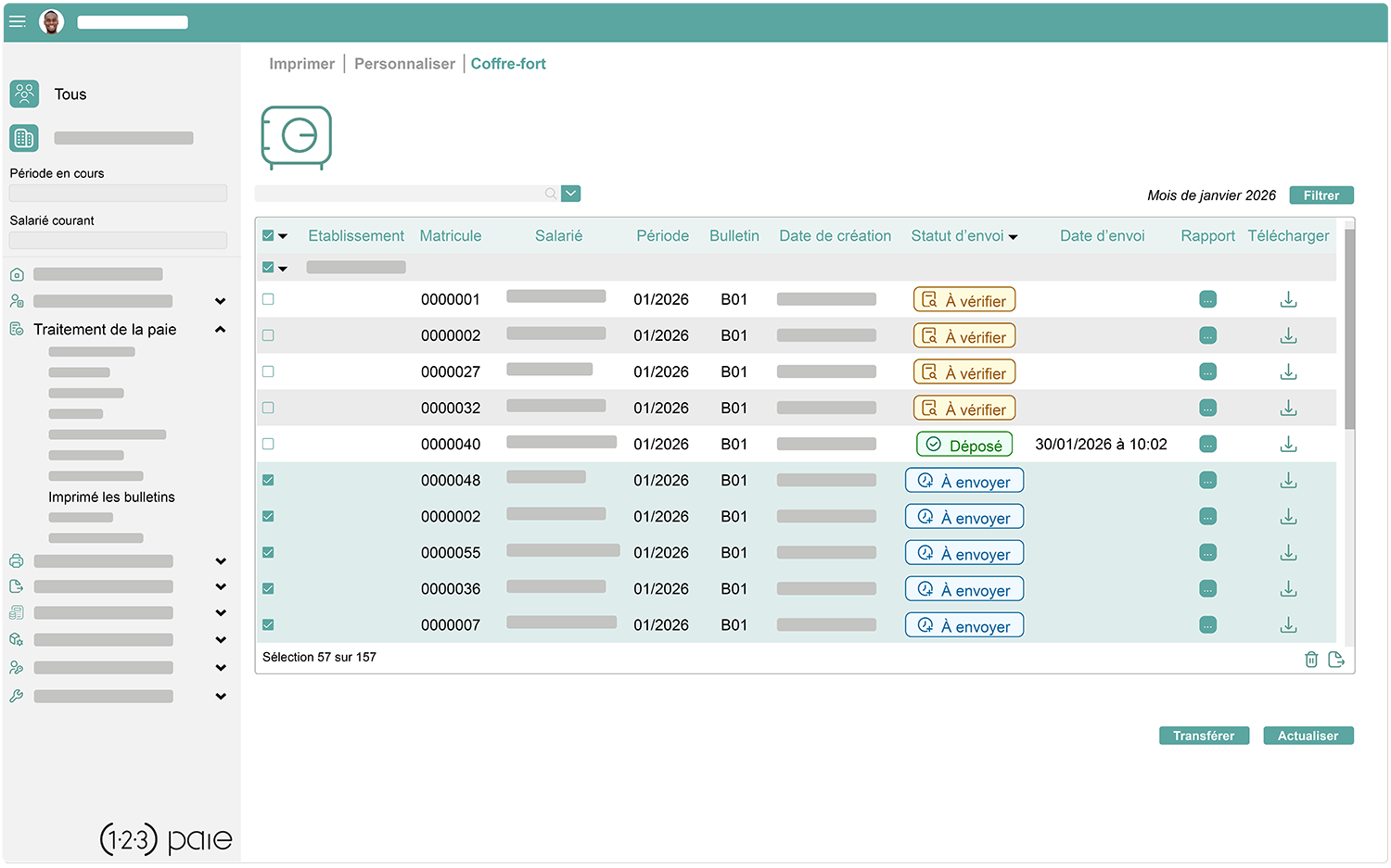 Ecran coffre-fort du logiciel Kelio pour transférer automatiquement les bulletins de paie