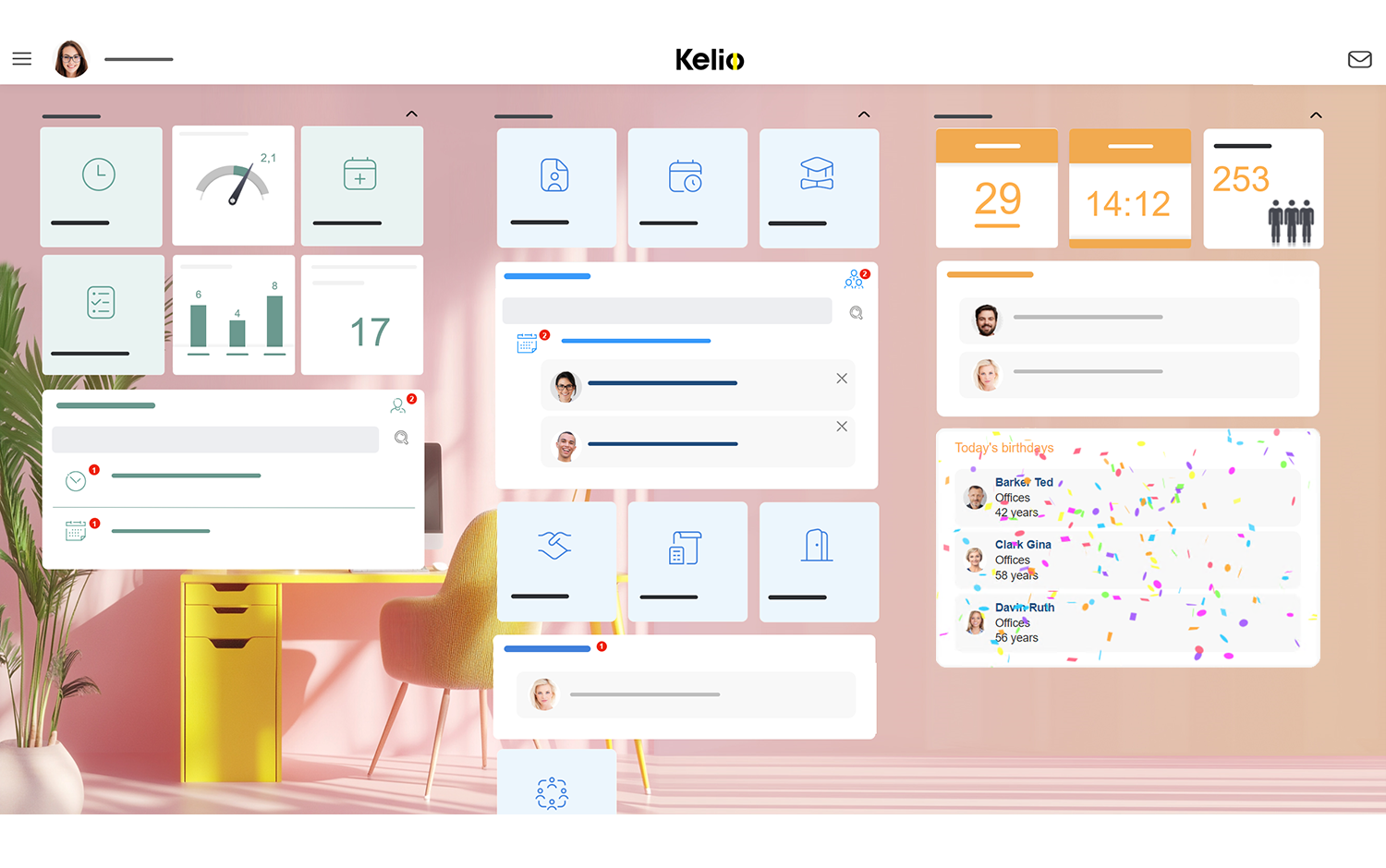 Kelio HR home screen showing staff birthdays and anniversaries