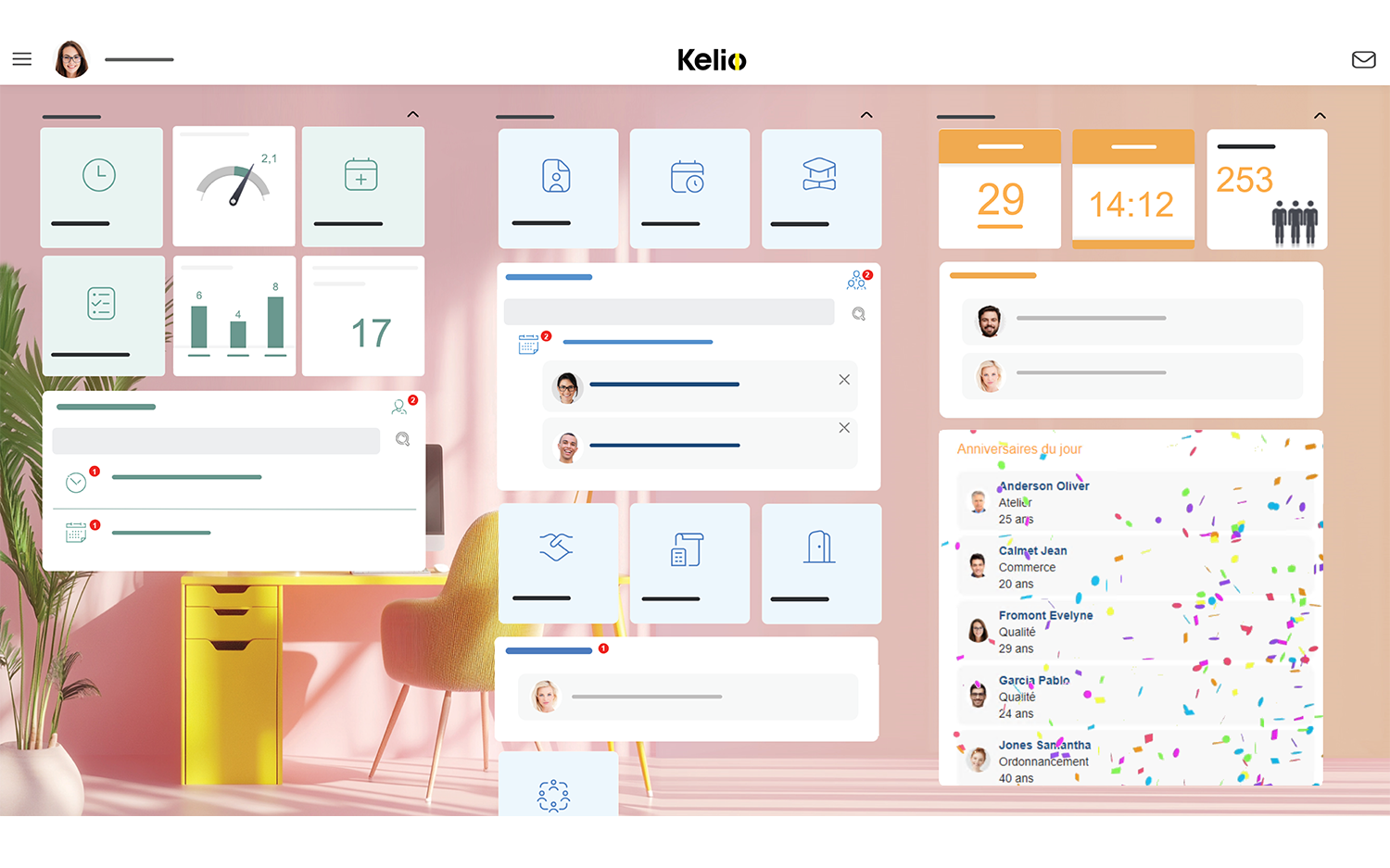 Ecran d'accueil du portail RH Kelio affichant les anniversaires des collaborateurs