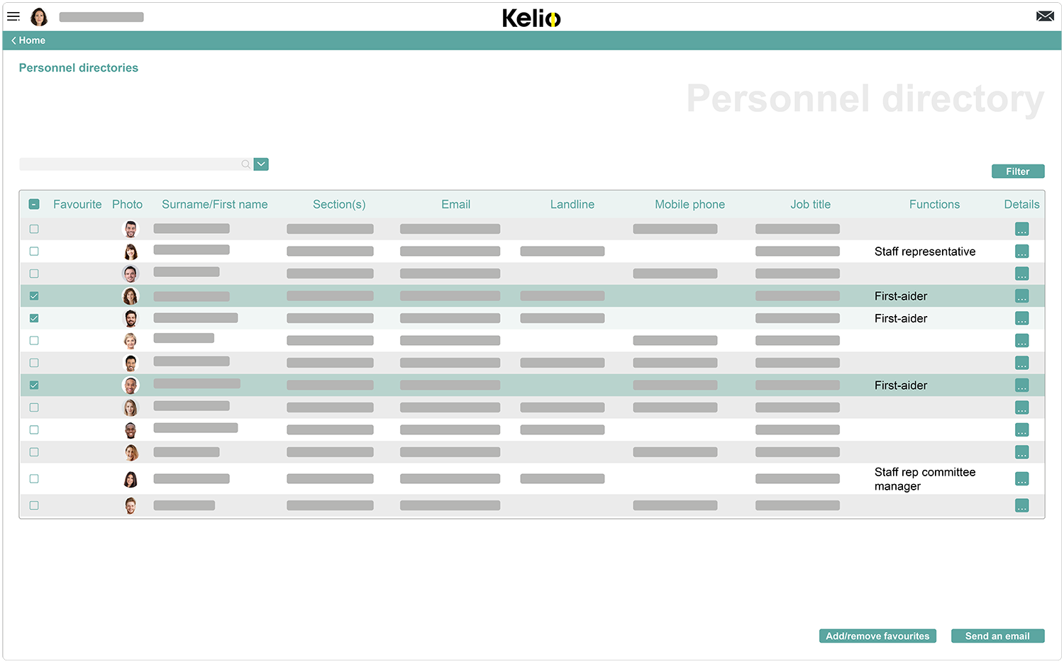 Kelio software directory screen for finding internal contacts