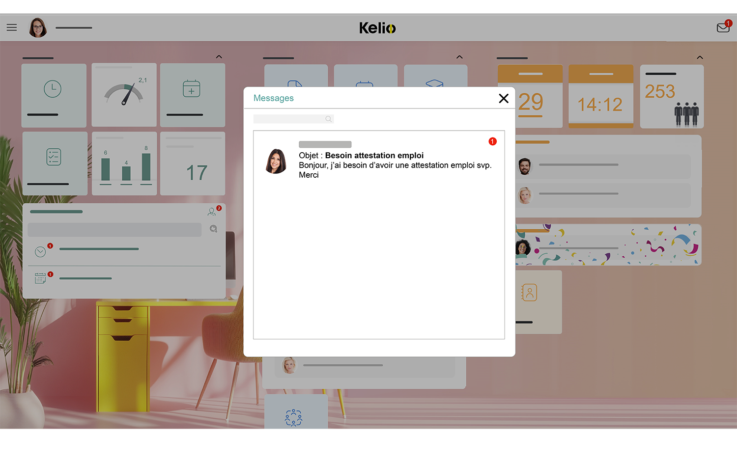 Ecran d'accueil du portail RH Kelio permettant d'envoyer des messages entre collaborateurs