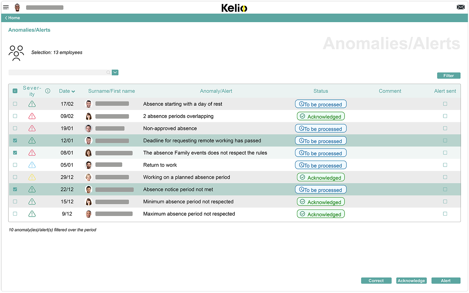 Kelio software leave and absences screen to alert in case of inconsistencies