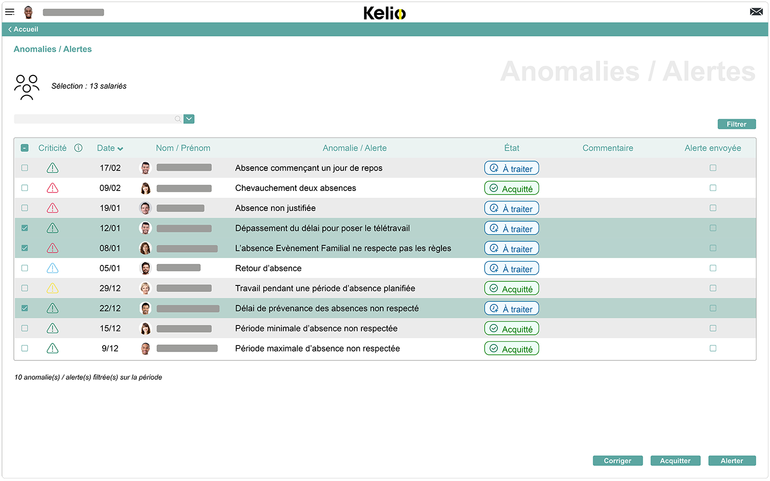 Ecran congés et absences du logiciel Kelio pour alerter en cas d'incohérences