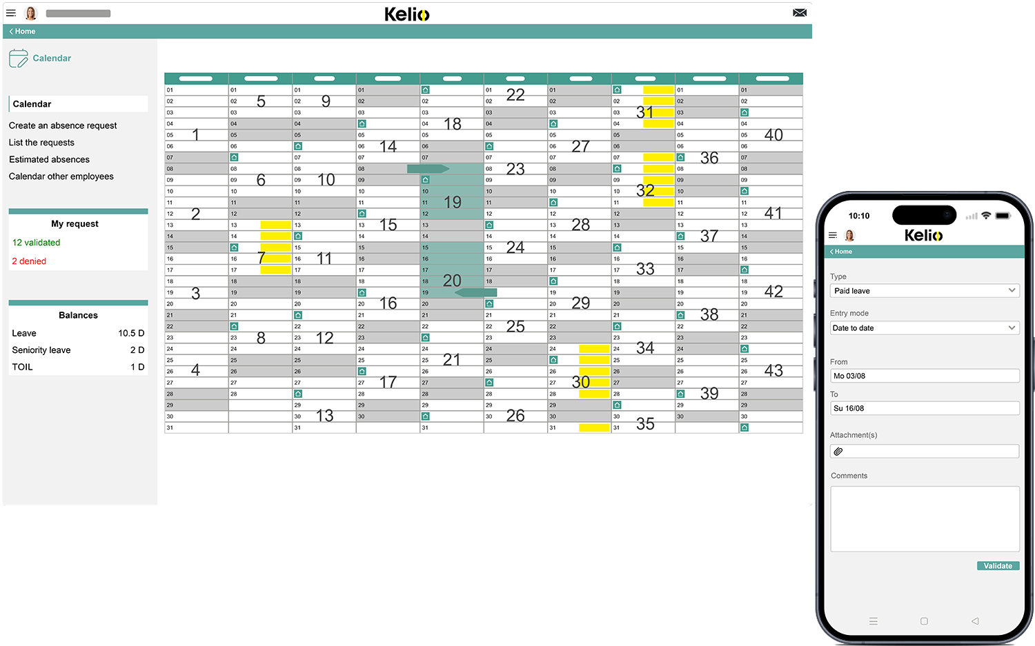 Kelio software leave and absences screen for employees