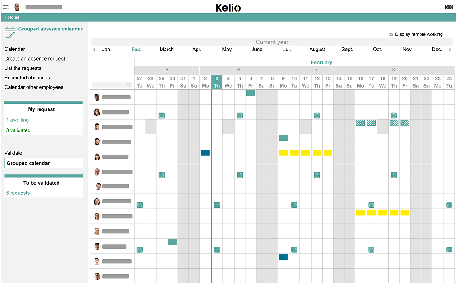 Kelio software leave and absences screen to display a staff planning