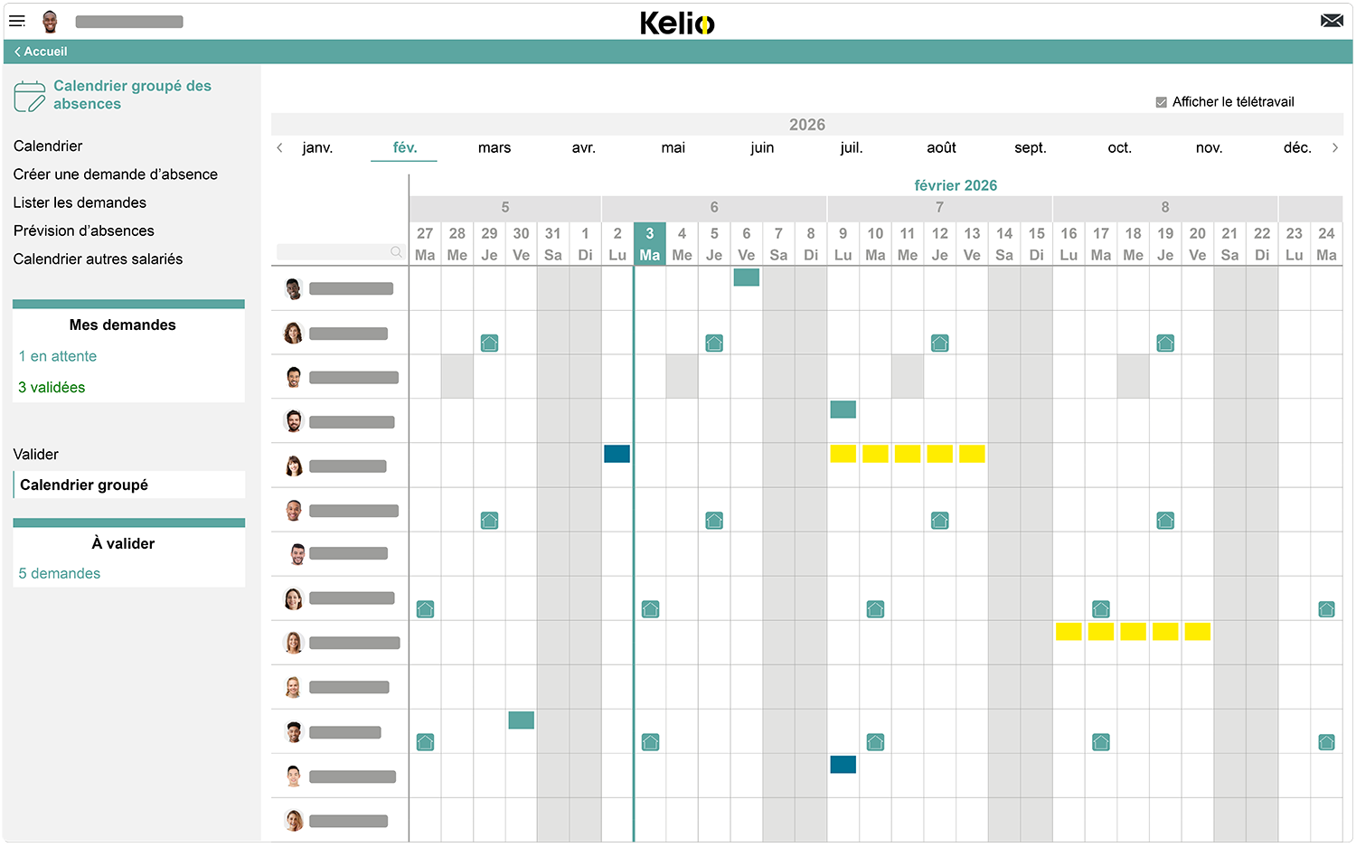 Ecran congés et absences du logiciel Kelio pour afficher un planning équipe