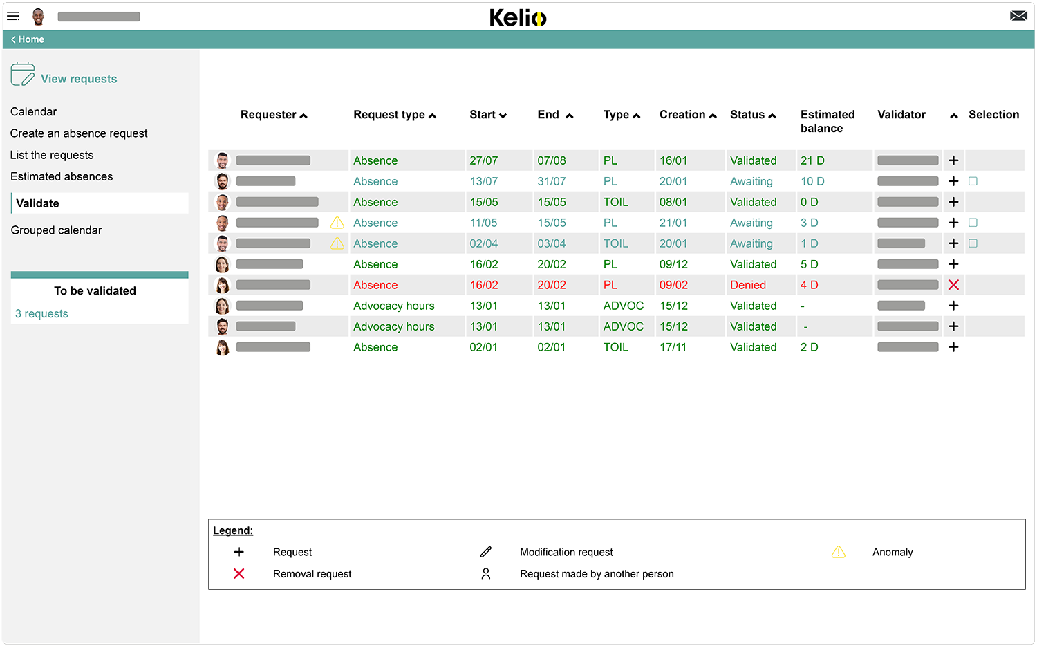 Kelio software leave and absences screen to configure validation workflows
