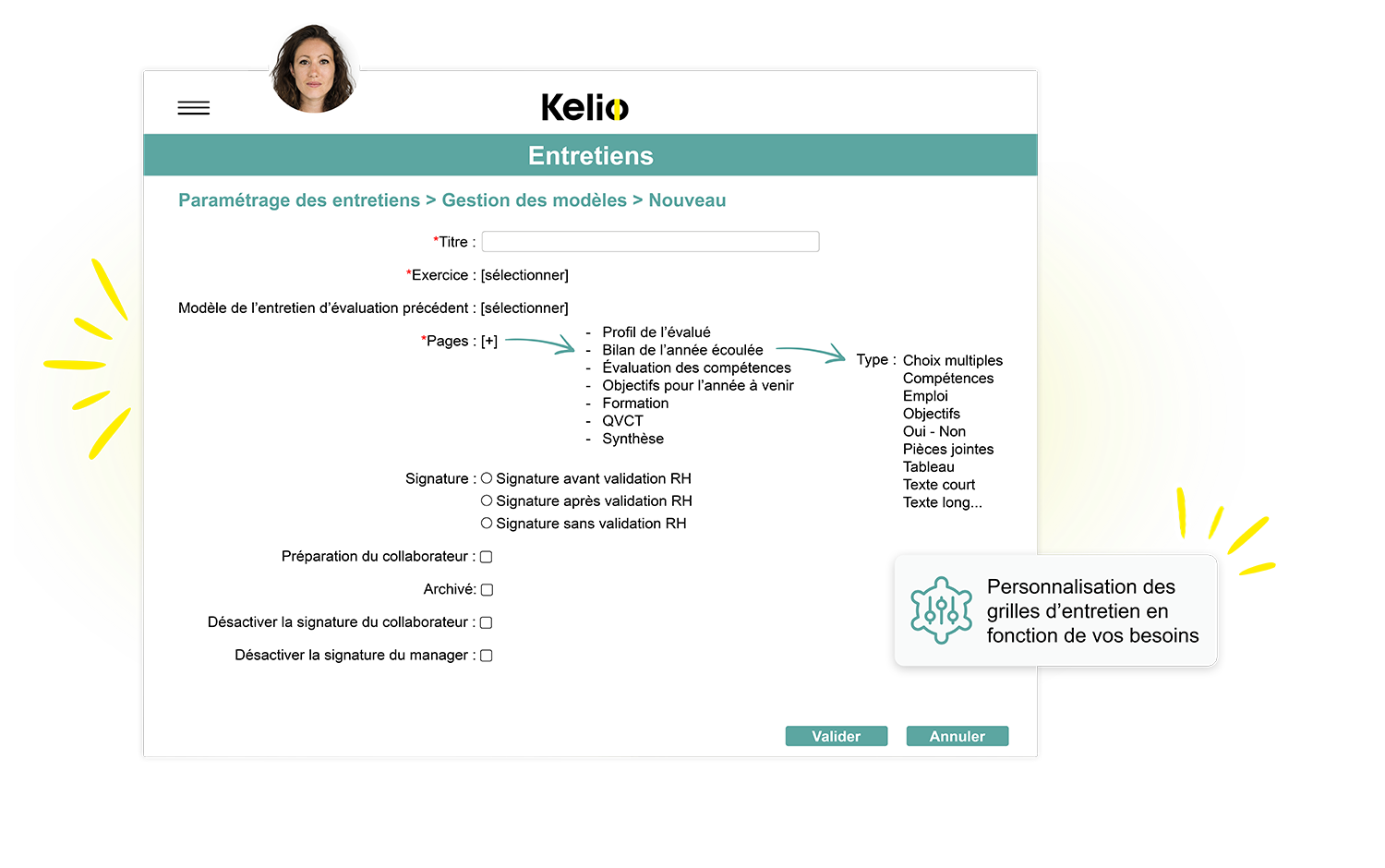 Ecran entretiens du logiciel Kelio pour personnaliser la création des formulaires d'entretien