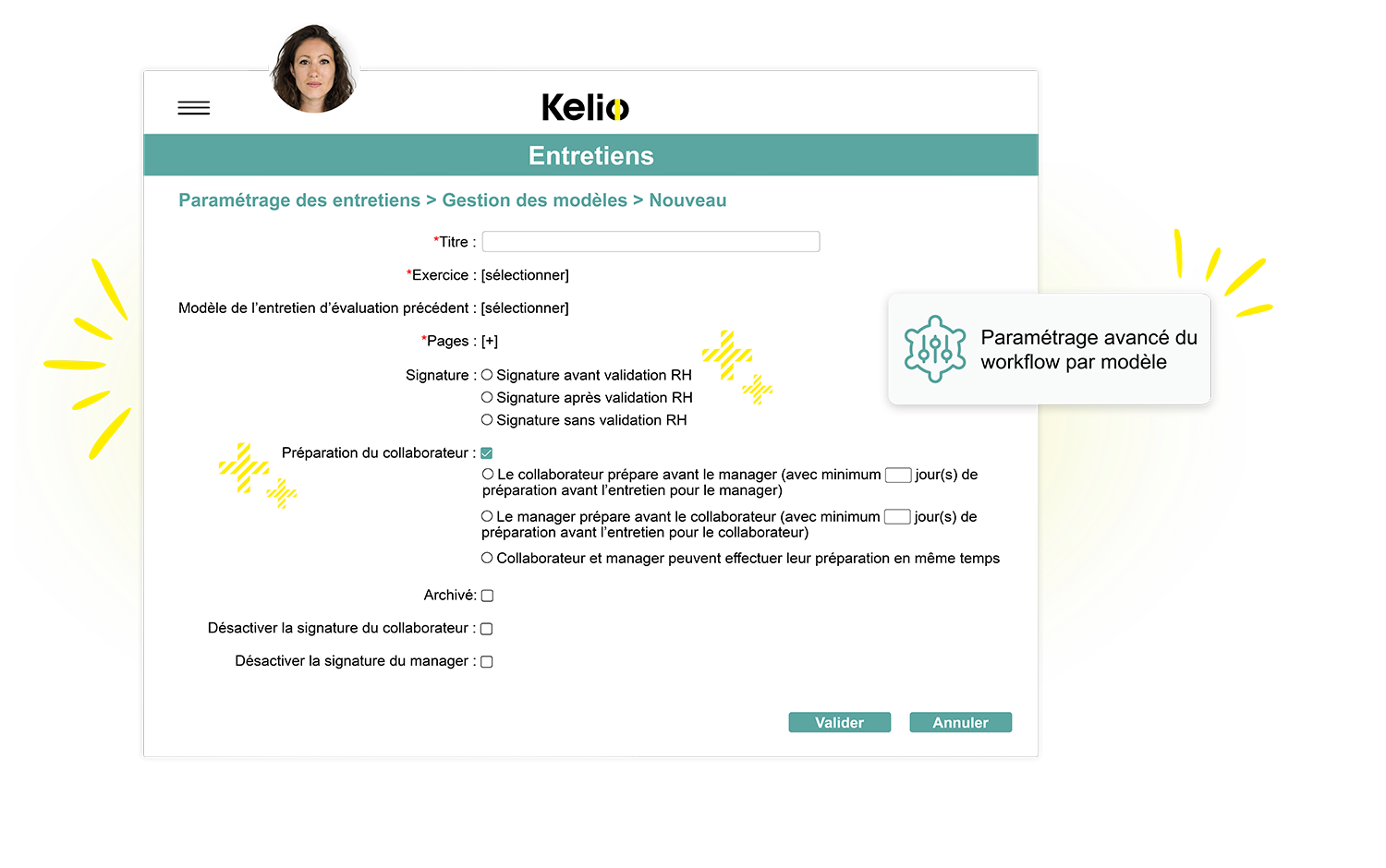 Interface entretiens du logiciel Kelio pour paramétrer les workflows de validation des entretiens