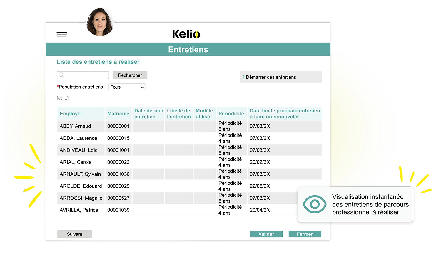 Ecran entretiens du logiciel Kelio présentant un tableau de bord de suivi