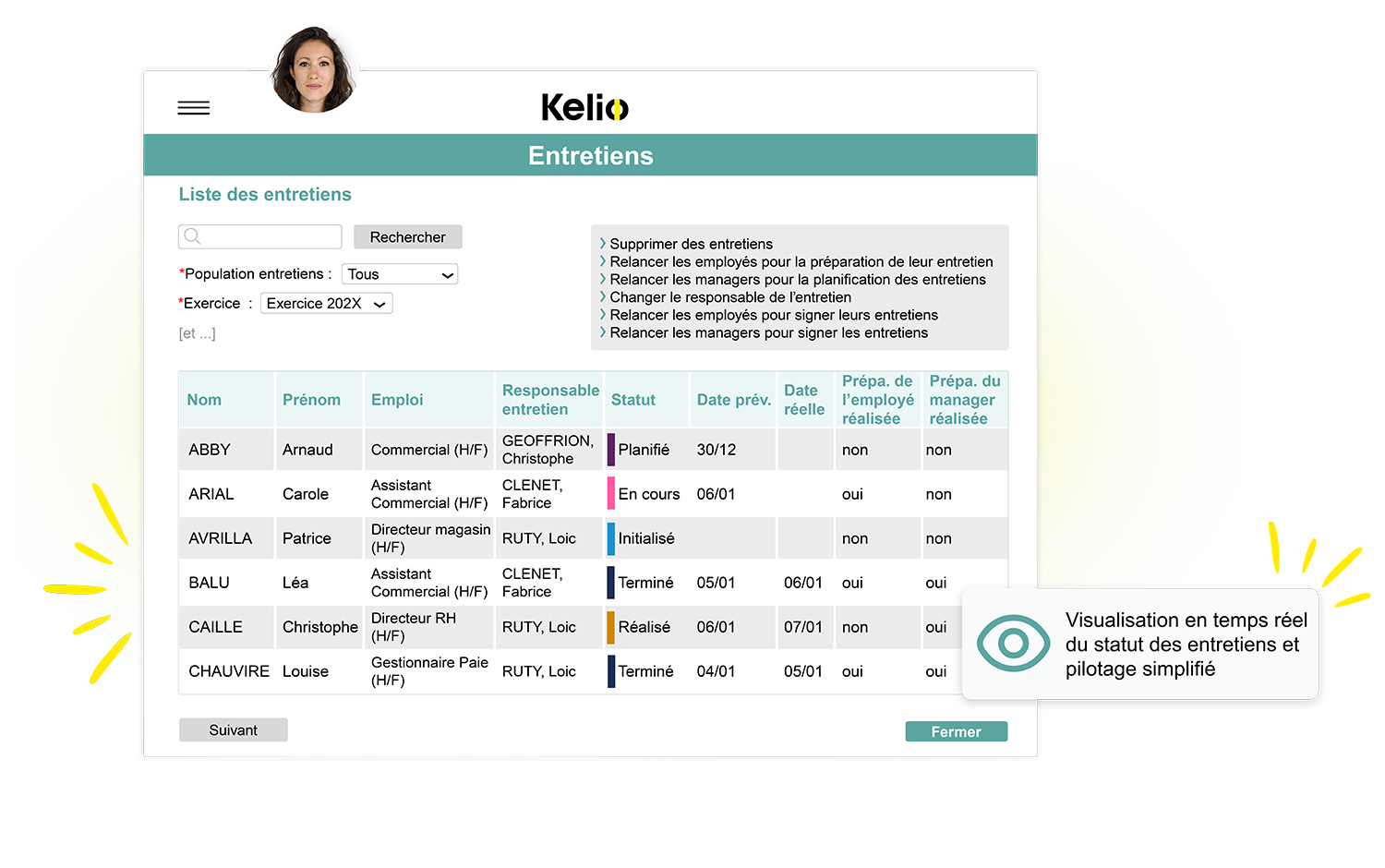 Interface des entretiens du logiciel Kelio pour suivre l'avancement des campagnes d'entretiens annuels