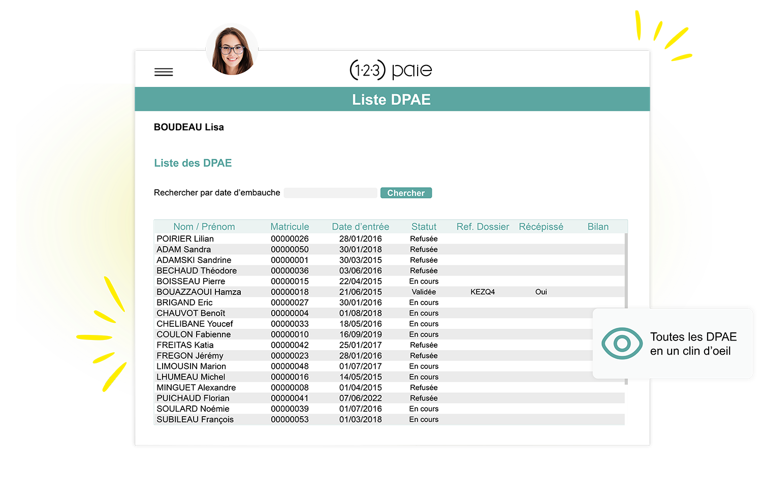 Ecran du logiciel Kelio listant les déclarations préalables à l'embauche