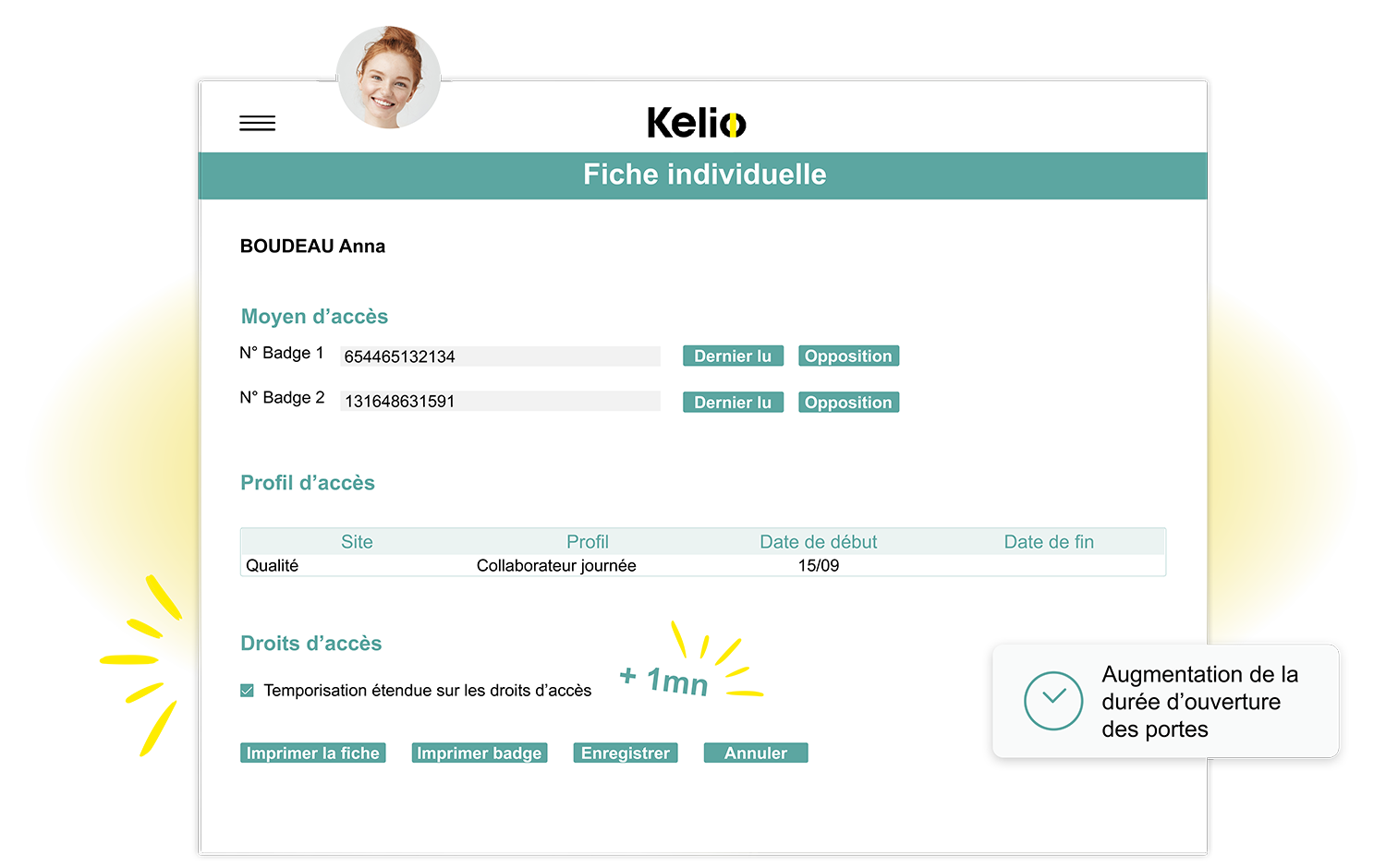 Ecran du logiciel de contrôle d'accès Kelio pour configurer les temps d'ouverture des accès