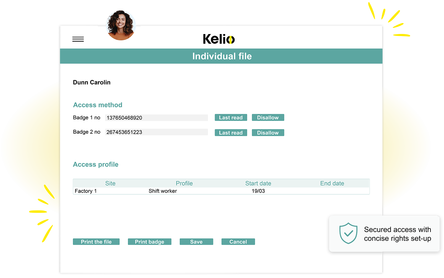 Kelio access control software screen for configuring user-specific access rights and permissions.