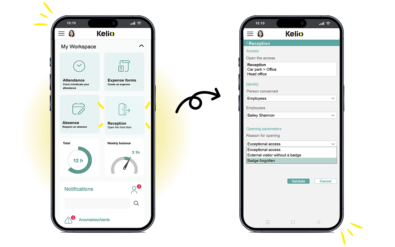 Kelio access control software screen for opening a door using a phone