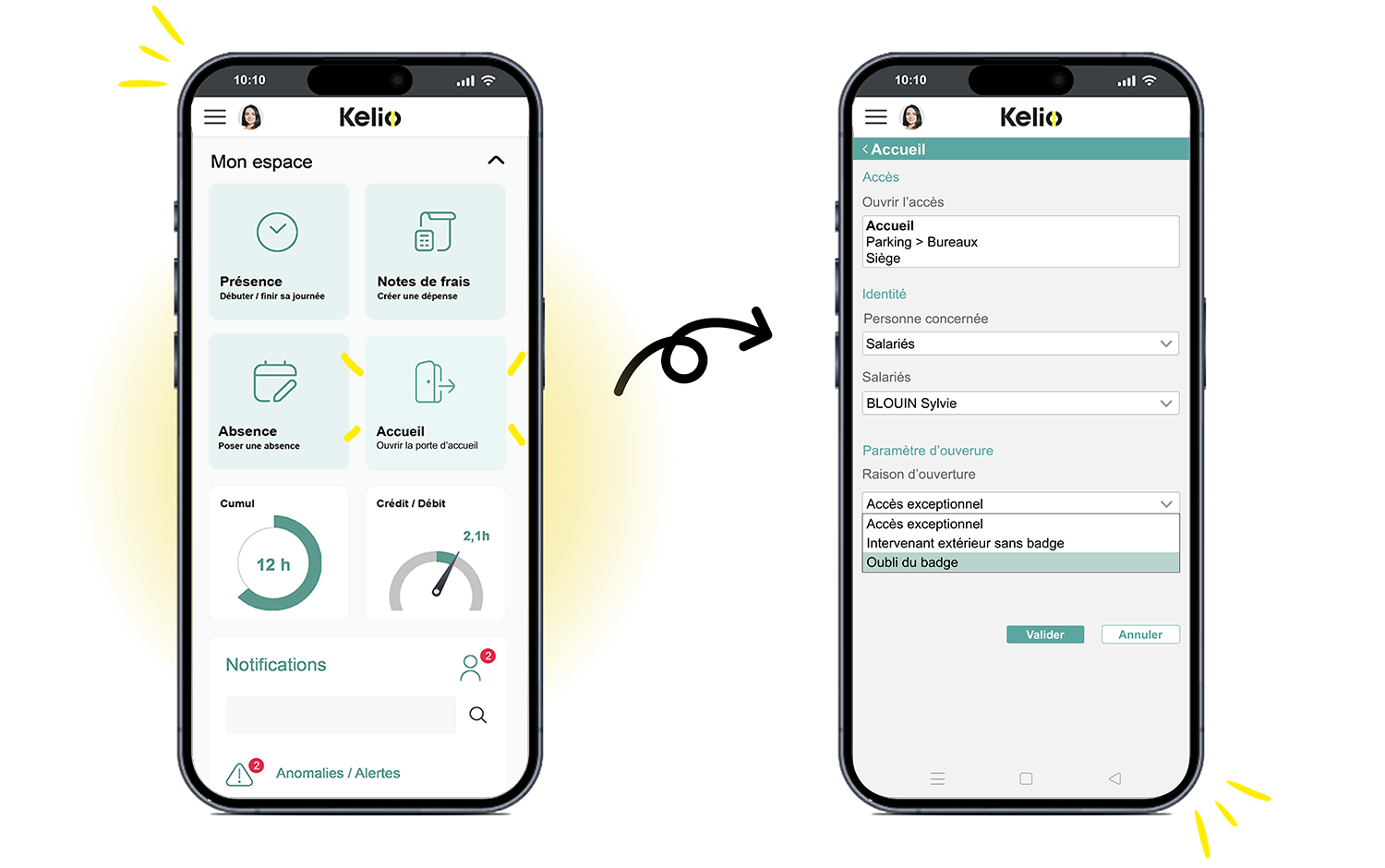 Ecran du logiciel de contrôle d'accès Kelio sur smartphone pour ouvrir une porte