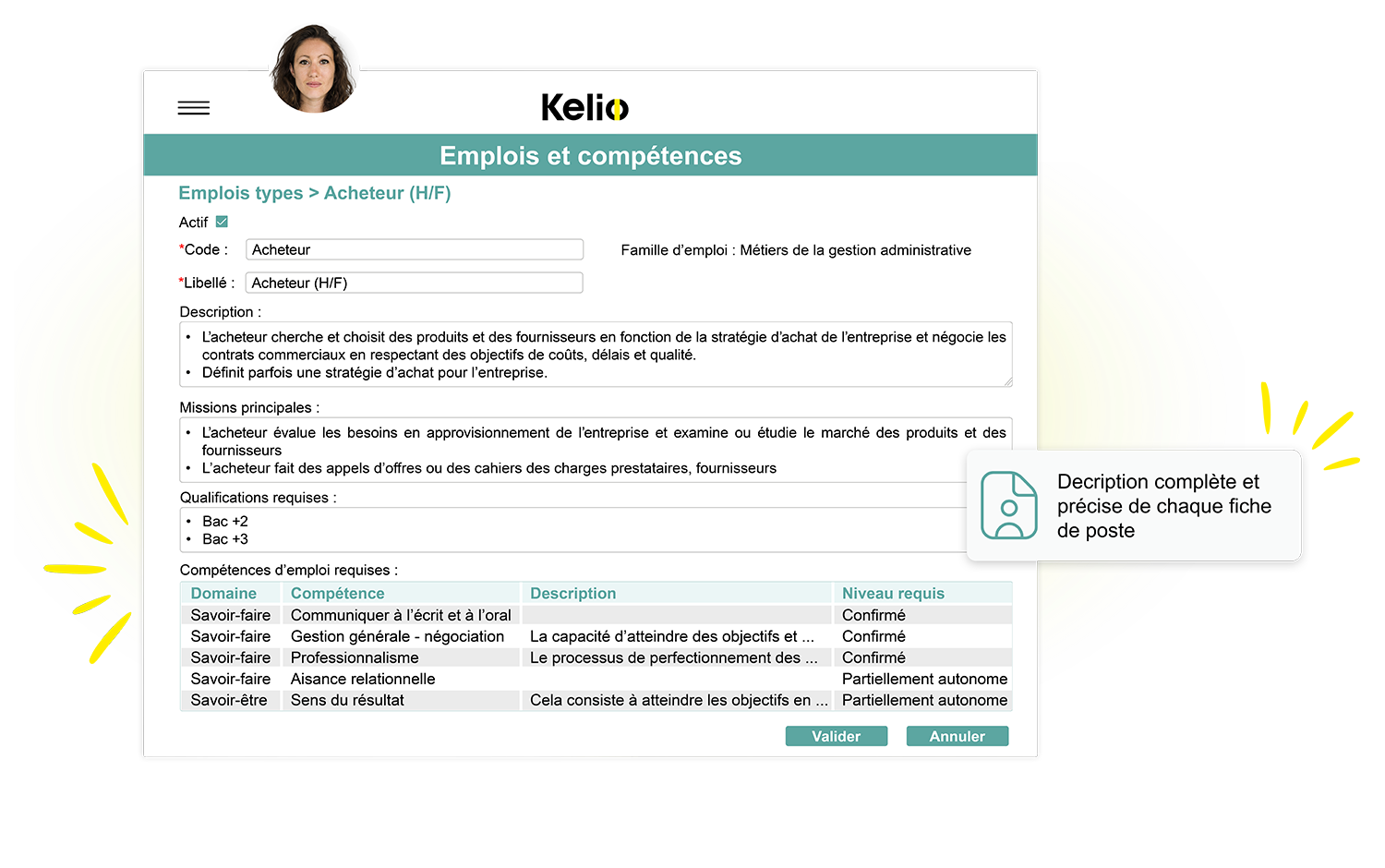 Interface Kelio permettant la création d'une fiche de poste détaillée avec missions et compétences.