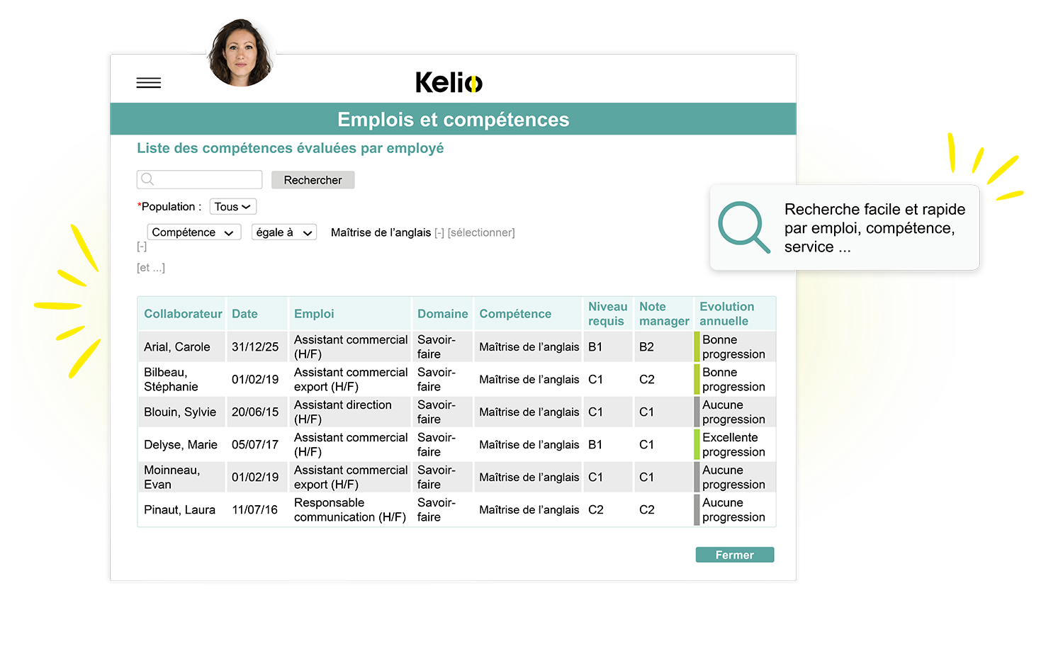 Interface de recherche Kelio pour identifier les collaborateurs par emploi ou compétence.