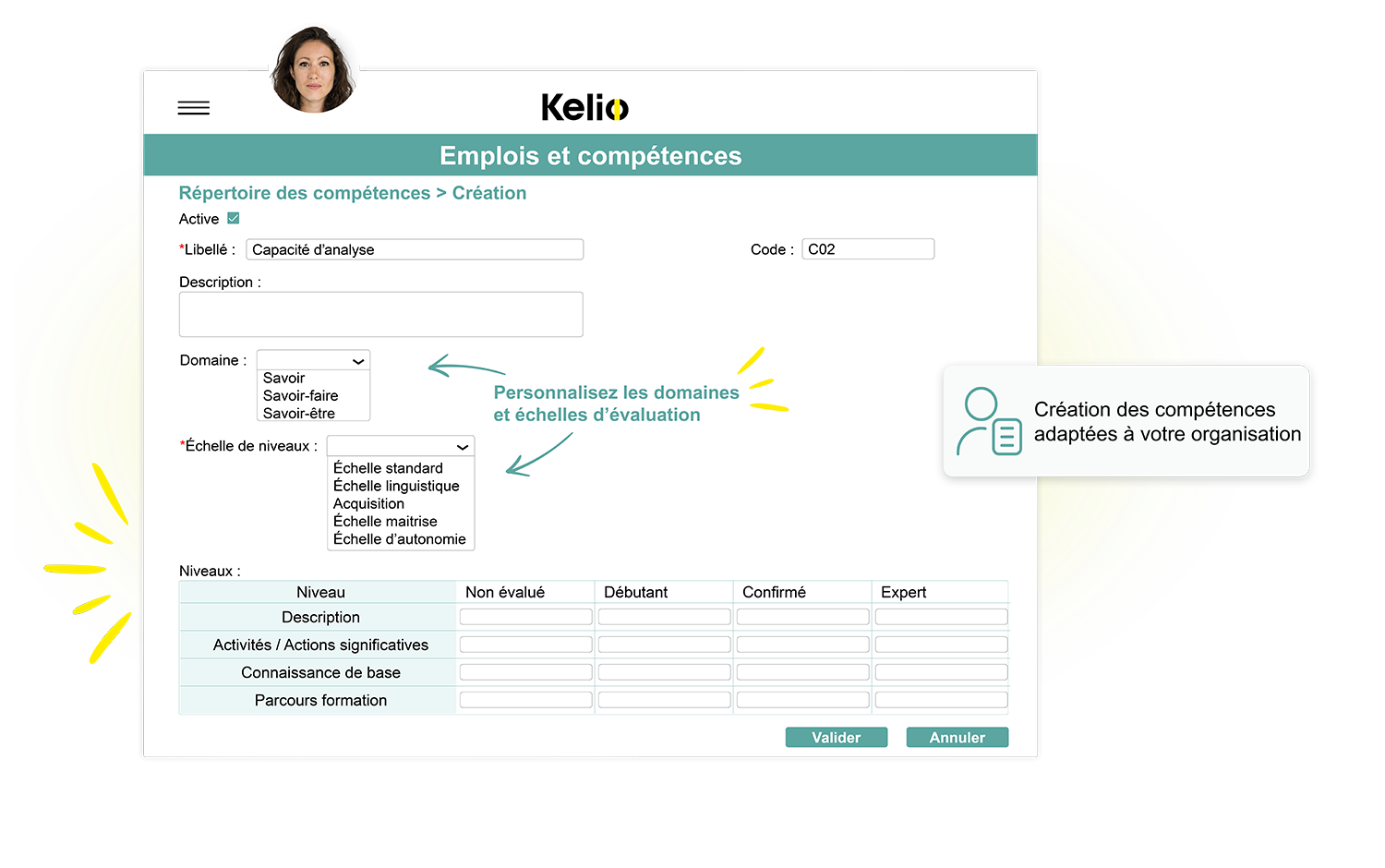 Interface Kelio pour la création d'un référentiel de compétences et d'échelles d'évaluation personnalisées.