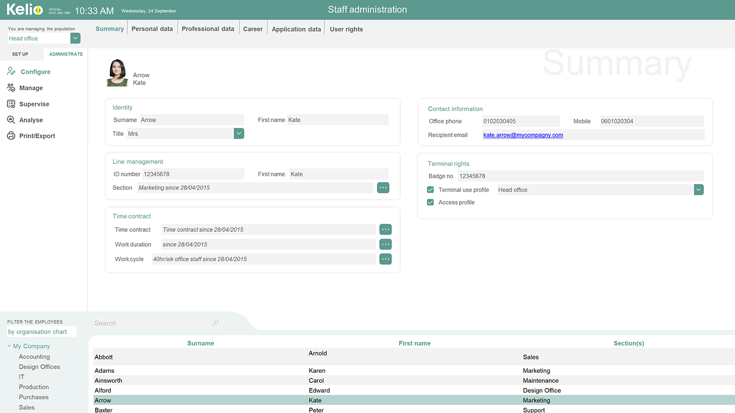 Screenshot from Kelio personnel management software centralising an employee’s HR details
