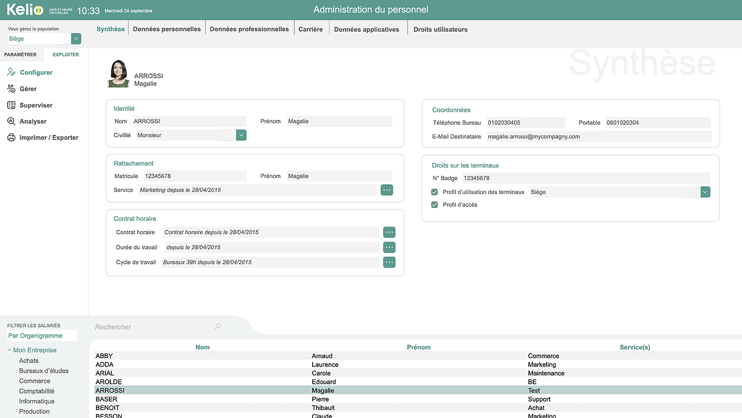 Ecran du logiciel de gestion du personnel Kelio centralisant les informations RH d'un collaborateur