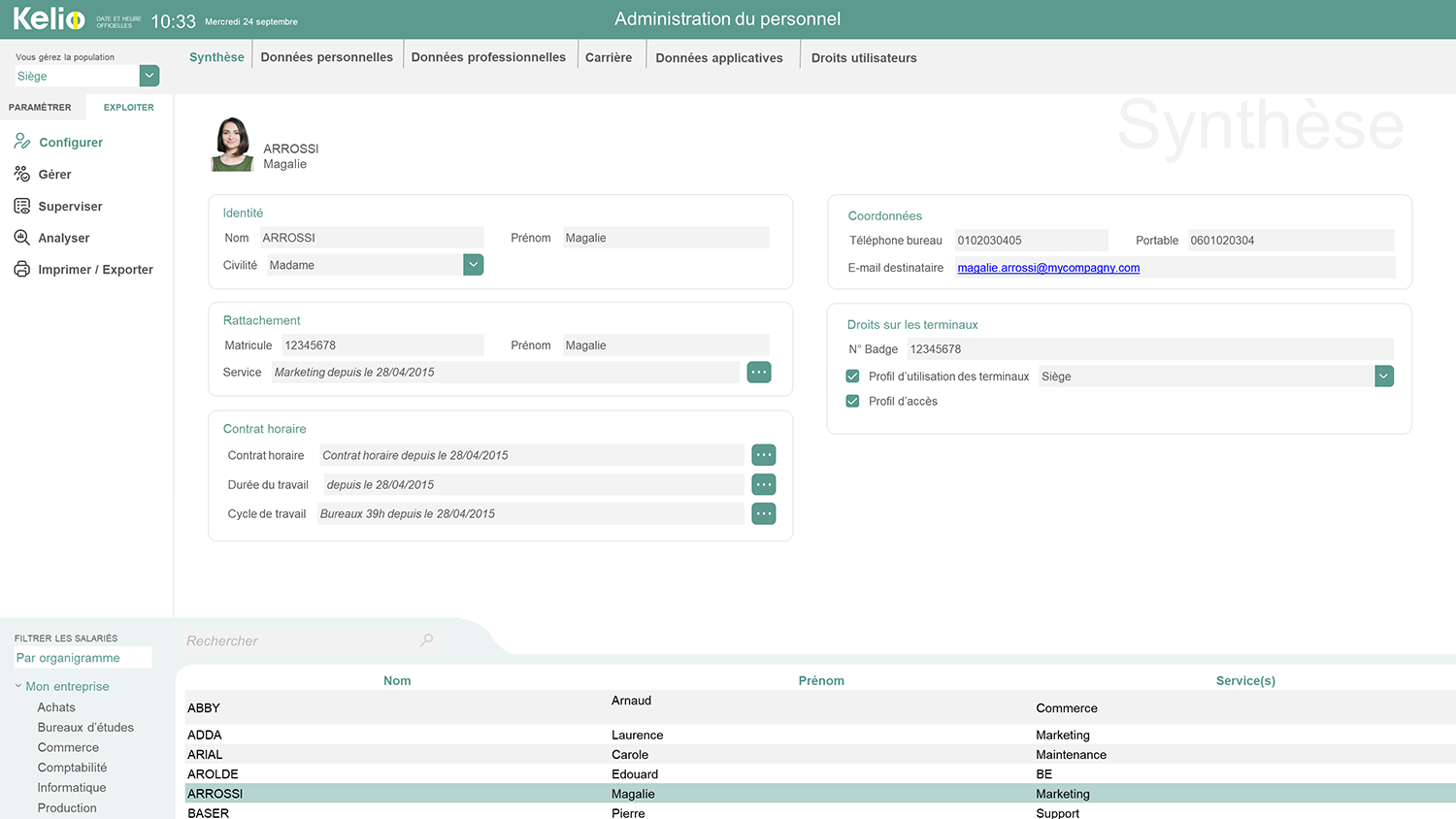 Ecran du logiciel de gestion du personnel Kelio centralisant les informations RH d'un collaborateur