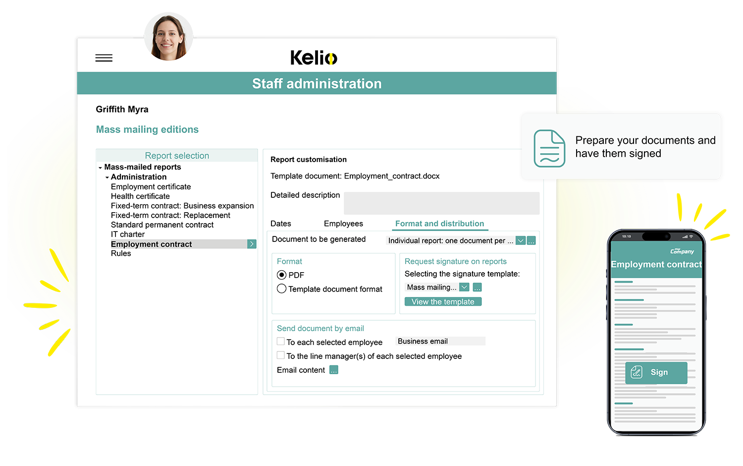 Screenshot from  Kelio personnel management software used to send documents for electronic signature