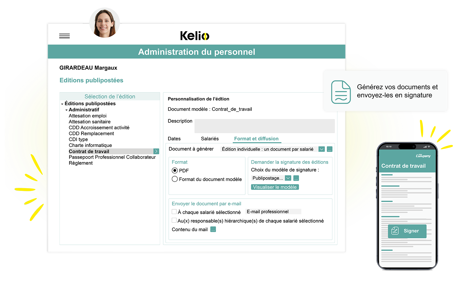 Ecran du logiciel de gestion du personnel Kelio permettant d'envoyer les documents pour signature électronique