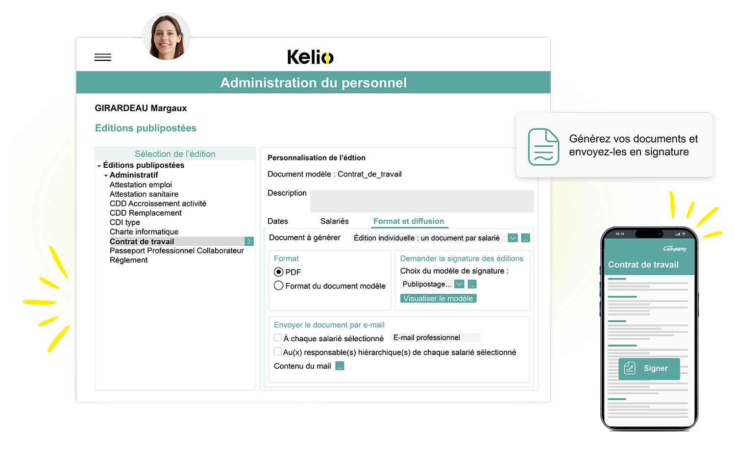 Ecran du logiciel de gestion du personnel Kelio permettant d'envoyer les documents pour signature électronique