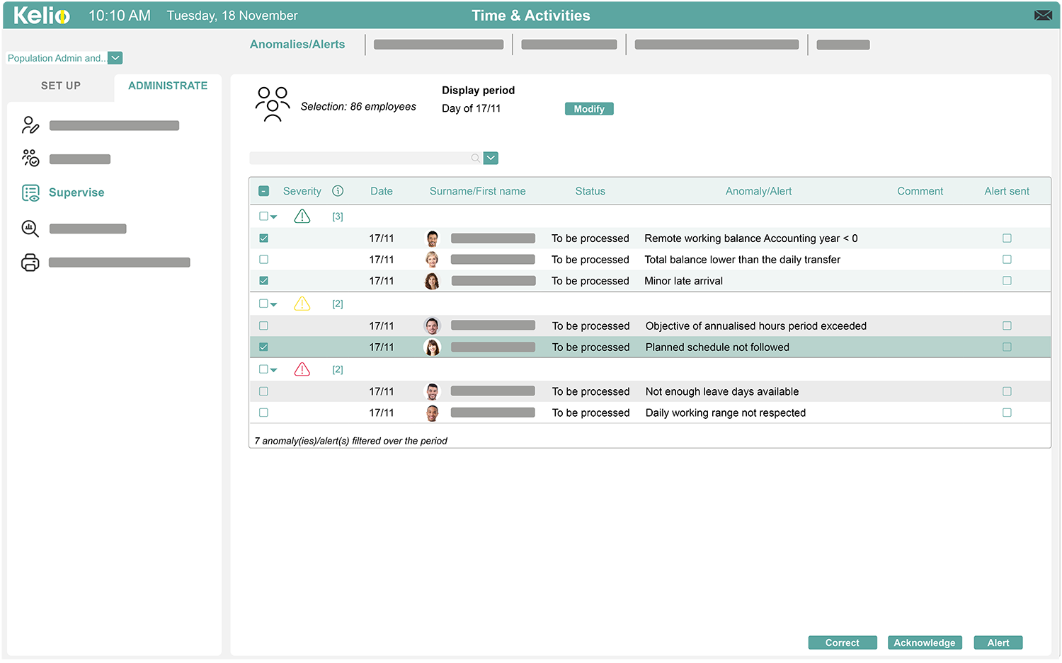 Kelio software time management screen to alert in case of anomalies