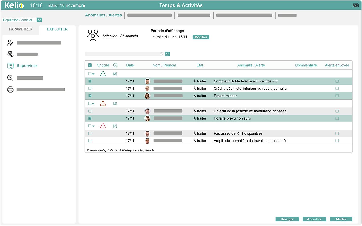 Ecran gestion des temps du logiciel Kelio pour alerter en cas d'anomalies