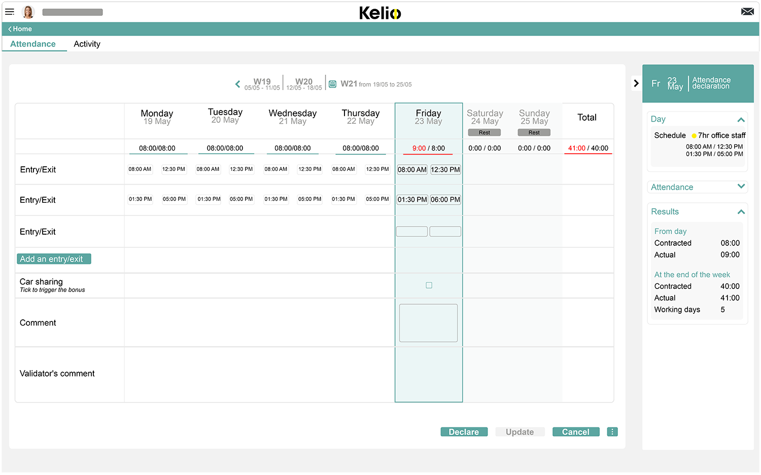 Kelio software time management screen for tracking working hours