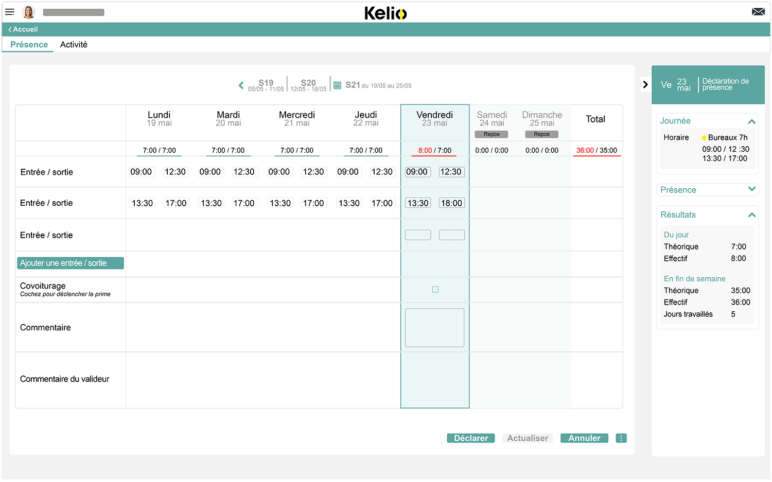Ecran gestion des temps du logiciel Kelio pour suivre les horaires