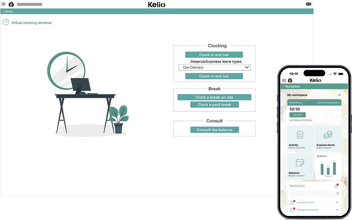 Kelio software time management screen for virtual clocking in