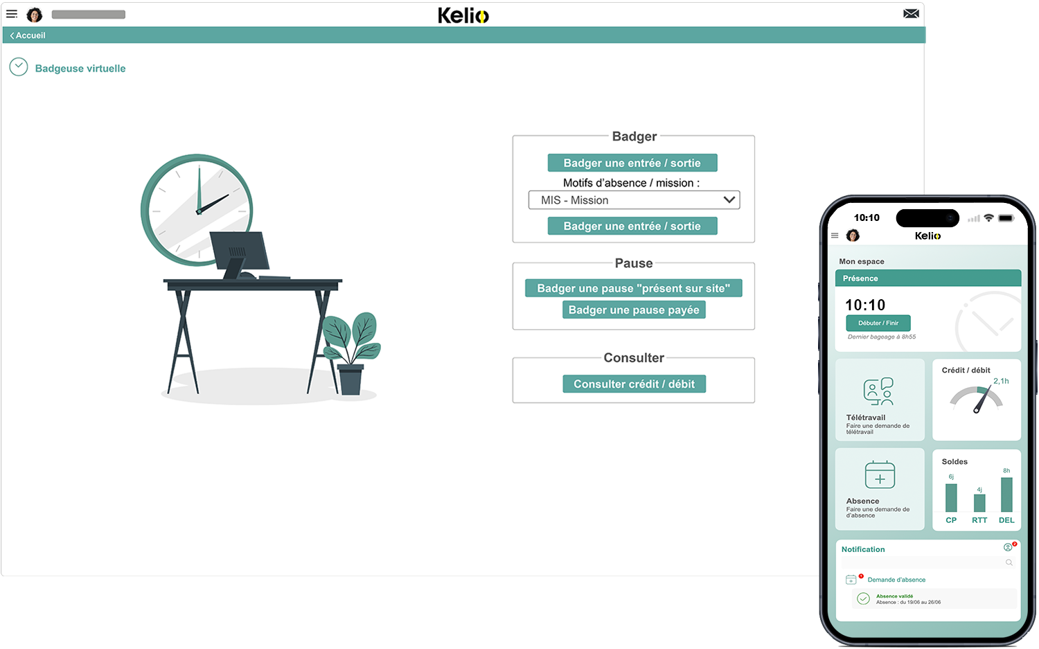 Ecran gestion des temps du logiciel Kelio pour badger virtuellement