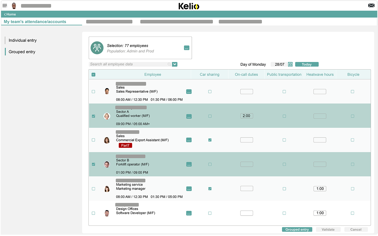 Kelio software time management screen for planning working hours