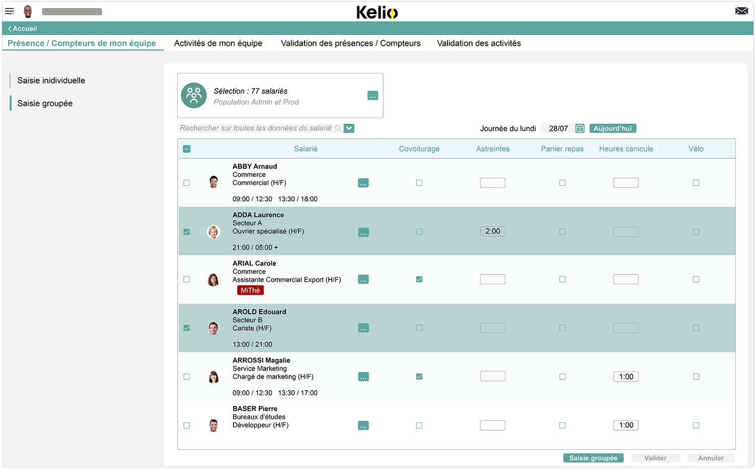 Ecran gestion des temps du logiciel Kelio pour planifier le temps de travail